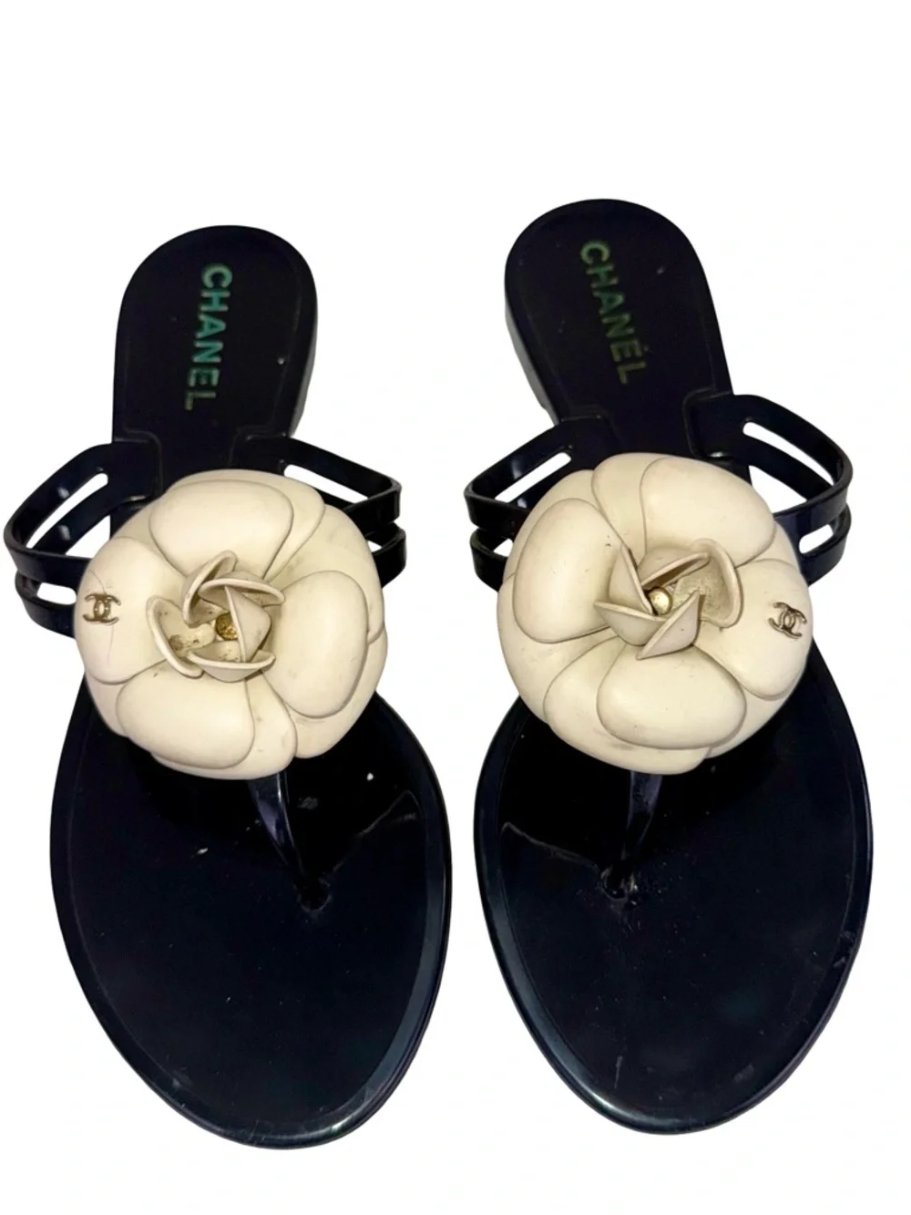 CHANEL CAMELIA JELLY  SANDALS IN BLACK AND CREAM - Picture 2 of 6